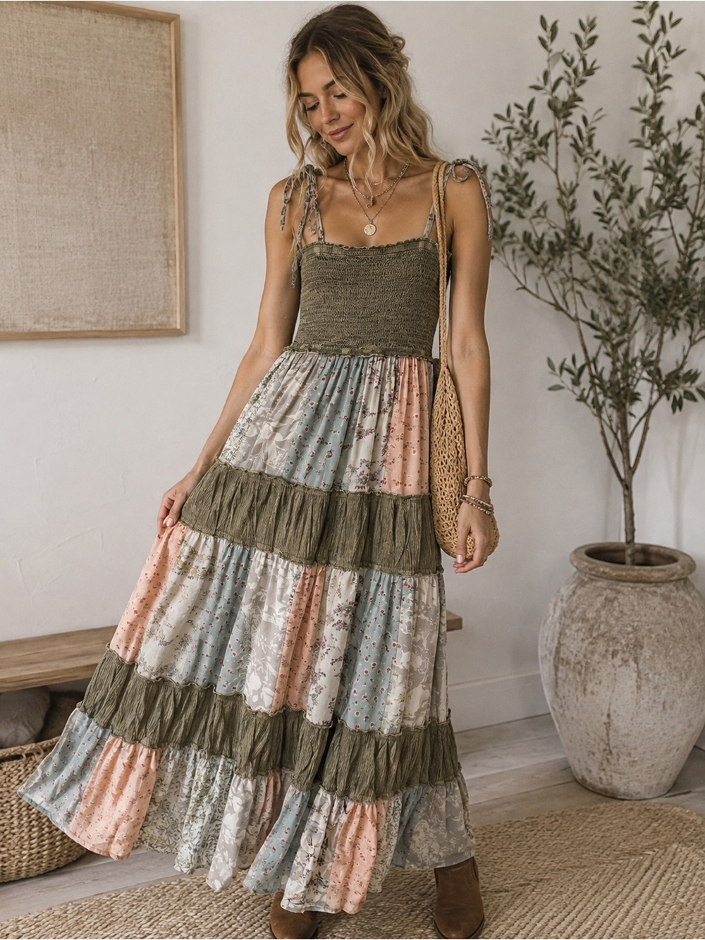 Young Threads NWT Boho Patchwork Tiered Maxi Dress
